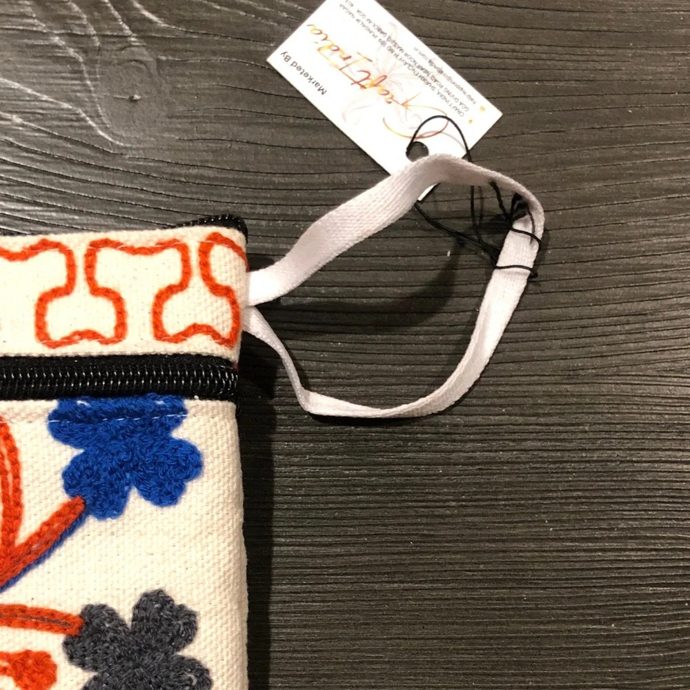 Embroidered Floral Canvas Wristlet Clutch in Cream, Blue & Orange